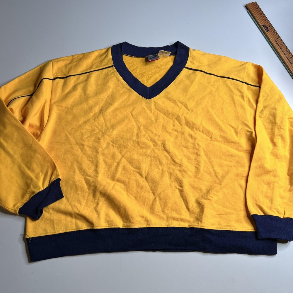 Vintage Prospirit Sweatshirt Mens LG/XL Yellow Navy V-Neck Pullover Made in USA